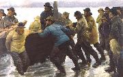 Michael Ancher Fishermen setting a rowing boat ashore oil painting